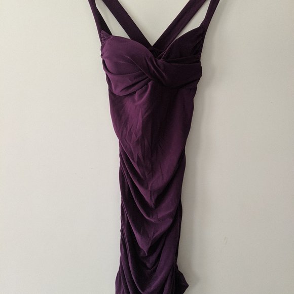 Ruched Royal Purple Midi/Mini Bodycon Dress AKIRA - Picture 2 of 8